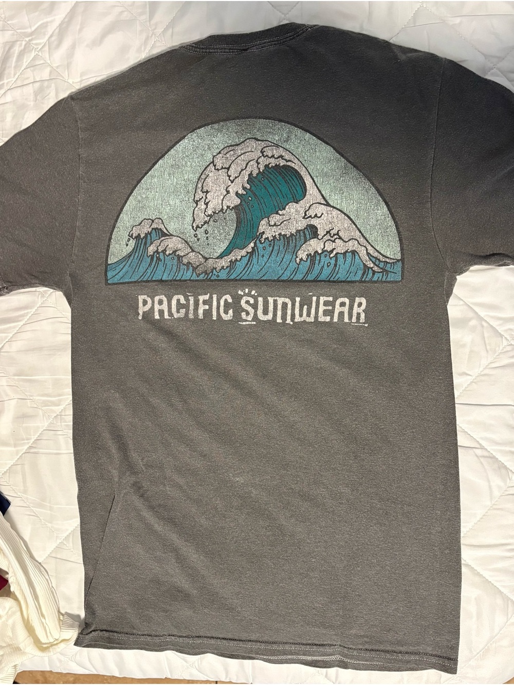 PacSun Pacific Sunwear Faded Charcoal Tee with Teal Wave Graphic
